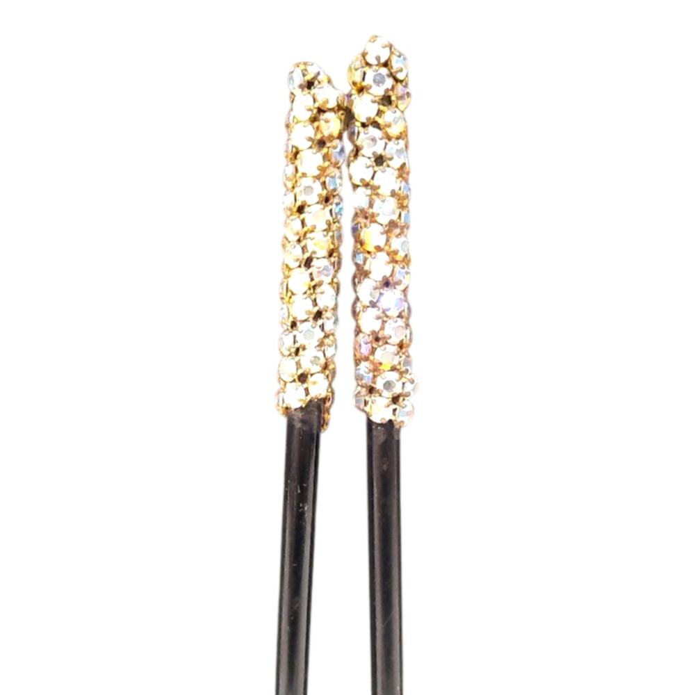 Vintage Rhinestone Aurora Borealis Hair Sticks Pair Black Mid Century